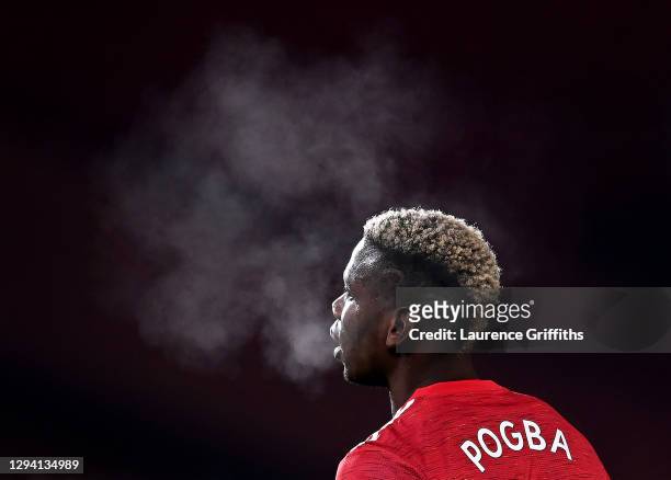 Paul Pogba of Manchester United looks on during the Premier League match between Manchester United and Aston Villa at Old Trafford on January 01,...