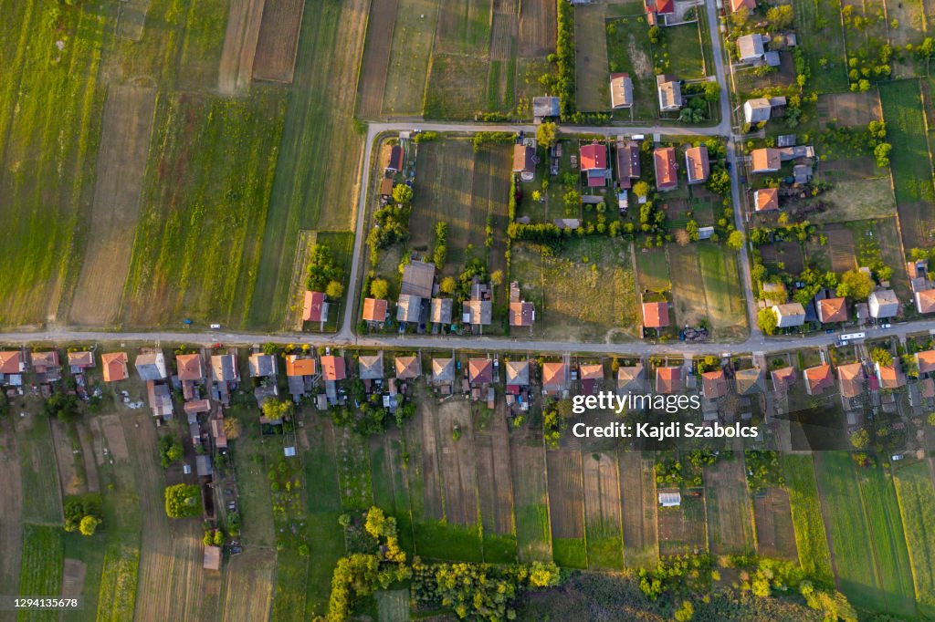 Flying over village area