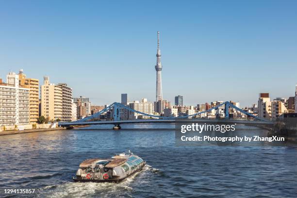 tokyo skyline over the sumida river with tokyo sky tree and kiyosu bridge and cruise at day time, on new year 2021. - sumidafloden bildbanksfoton och bilder
