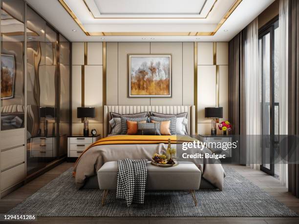 modern style bedroom - luxury bedroom stock pictures, royalty-free photos & images