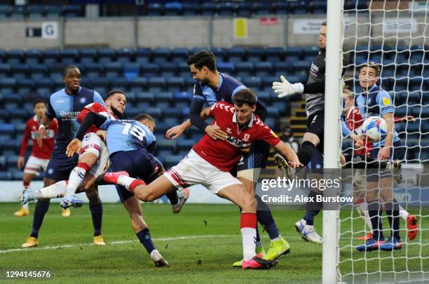 Marcus Browne of Middlesbrough scores their team's first goal during the Sky Bet Championship match between Wycombe Wanderers and Middlesbrough at...