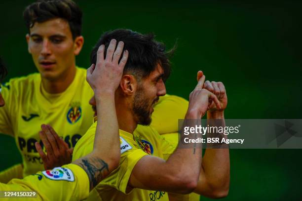 Fer Niño of Villarreal CF celebrates after scoring the first goal of his team during the La Liga Santander match between Villarreal CF and Levante UD...