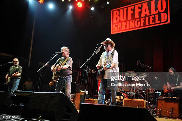 Musicians Stephen Stills, Richie Furay and Neil Young of Buffalo Springfield perform on stage during Bonnaroo 2011 at Which Stage on June 11, 2011 in...