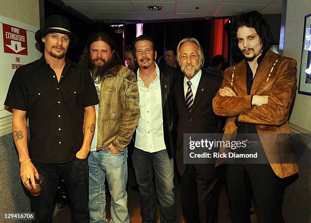 Kid Rock, Jamie Johnson, George Flanigen, Neil Portnow and Jack White backstage during the GRAMMY Salute to Country Music Honoring Loretta Lynn...
