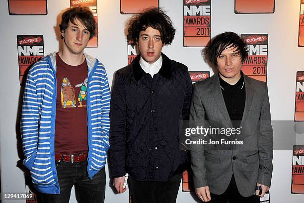 Matthew Murphy, Dan Haggis, and Tord Overland-Knudsen of The Wombats arrives for the NME Awards 2011 at Brixton Academy on February 23, 2011 in...