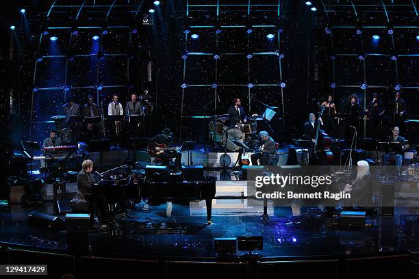 Elton John and Leon Russell perform on "Good Morning America" at the Beacon Theatre on October 20, 2010 in New York City.