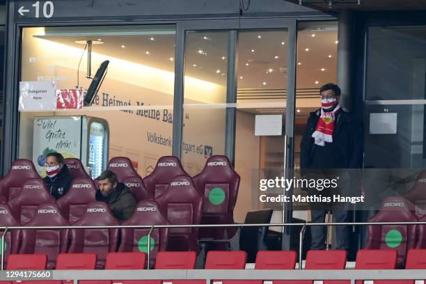 Thomas Hitzlsperger, Sporting Director of VfB Stuttgart and Claus Vogt, President of VfB Stuttgart are seen in the stands prior to the Bundesliga...