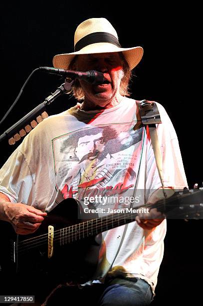 Musician Neil Young of Buffalo Springfield performs on stage during Bonnaroo 2011 at Which Stage on June 11, 2011 in Manchester, Tennessee.