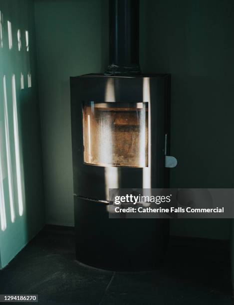 modern wood burning stove surrounded by a green wall - wood burning stove stock pictures, royalty-free photos & images