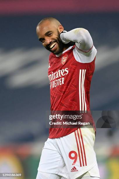 Alexandre Lacazette of Arsenal celebrates after scoring their team's fourth goal during the Premier League match between West Bromwich Albion and...