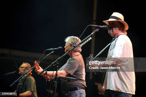 Musicians Stephen Stills, Richie Furay and Neil Young of Buffalo Springfield perform on stage during Bonnaroo 2011 at Which Stage on June 11, 2011 in...