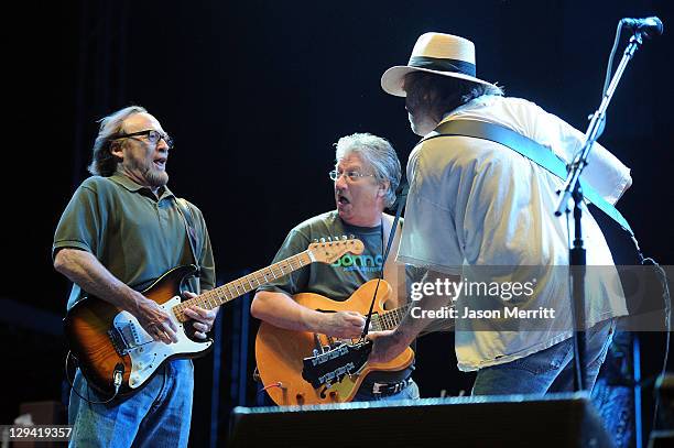 Musicians Stephen Stills, Richie Furay and Neil Young of Buffalo Springfield perform on stage during Bonnaroo 2011 at Which Stage on June 11, 2011 in...