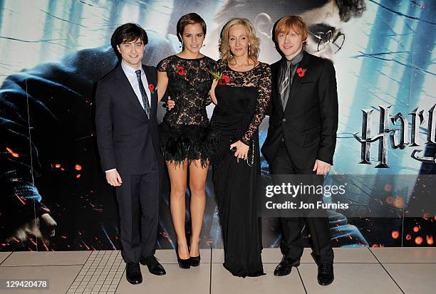 Actors Daniel Radcliffe, Emma Watson, author J.K. Rowling and Rupert Grint attend the world premiere of "Harry Potter and The Deathly Hallows" at...