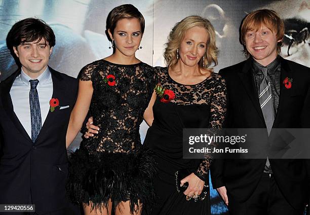 Actors Daniel Radcliffe, Emma Watson, author J. K. Rowling and Rupert Grint attend the world premiere of "Harry Potter and The Deathly Hallows" at...