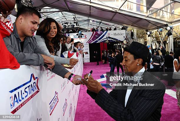 Former NBA player Scottie Pippen arrives at the T-Mobile Magenta Carpet at the 2011 NBA All-Star Game at L.A. Live on February 20, 2011 in Los...