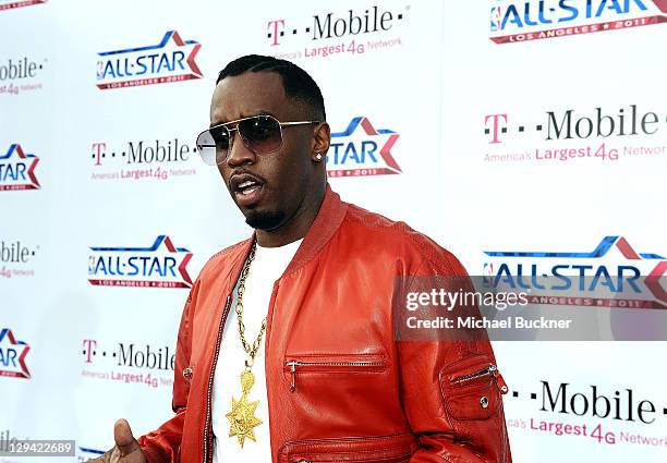 Recording artist Sean 'P. Diddy' Combs arrives at the T-Mobile Magenta Carpet at the 2011 NBA All-Star Game at L.A. Live on February 20, 2011 in Los...