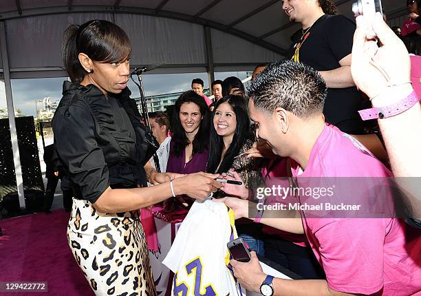 Player Tina Thompson of the Los Angeles Sparks arrives at the T-Mobile Magenta Carpet at the 2011 NBA All-Star Game at L.A. Live on February 20, 2011...