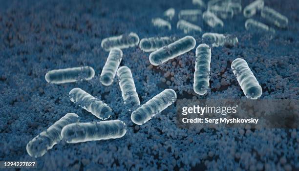 close-up of 3d microscopic blue bacteria - salmonella bacteria stock-fotos und bilder