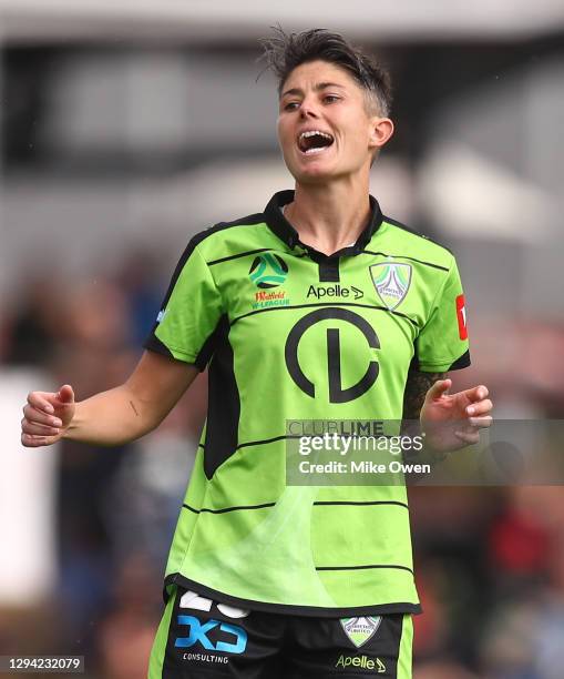 Michelle Heyman of Canberra United reacts after missing a shot on goal during the round two W-League match between Canberra United and Melbourne City...