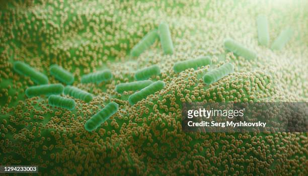 close-up of 3d microscopic green bacteria - salmonella bacteria stock-fotos und bilder