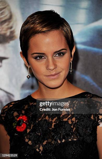 Actress Emma Watson attends the world premiere of "Harry Potter and The Deathly Hallows" at Odeon Leicester Square on November 11, 2010 in London,...