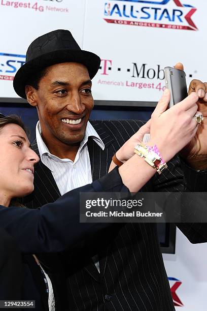 Former NBA player Scottie Pippen arrives at the T-Mobile Magenta Carpet at the 2011 NBA All-Star Game at L.A. Live on February 20, 2011 in Los...