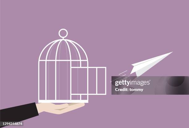 businessman releases a paper airplane from a cage - creative resume stock illustrations