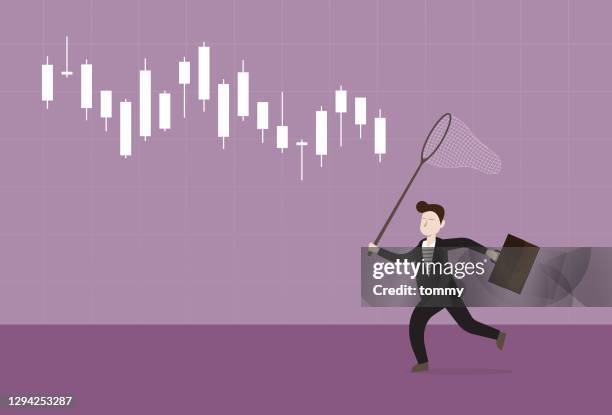 businessman uses a butterfly net to catch stock market graph - butterfly net stock illustrations