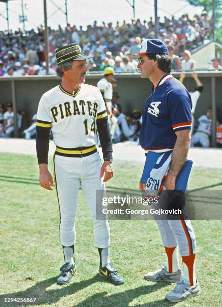 Manager Jim Leyland of the Pittsburgh Pirates talks to manager Tony La Russa of the Chicago White Sox before the start of a Major League Baseball...