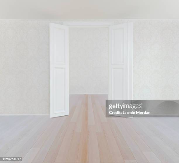 empty classical style room with door and vintage wallpaper on walls - 3d french stock pictures, royalty-free photos & images