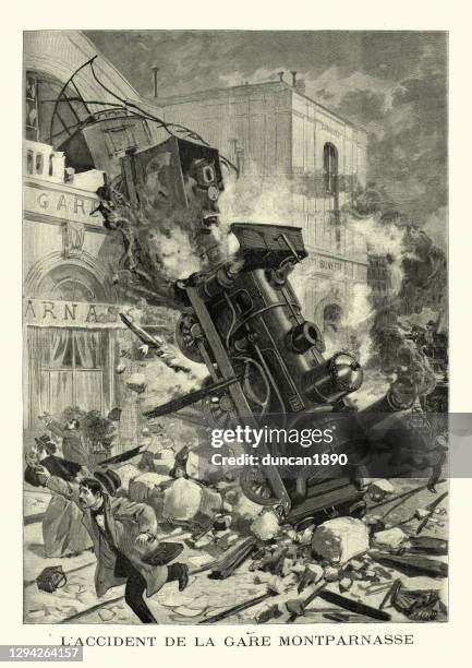 stockillustraties, clipart, cartoons en iconen met victoriaanse treinneerstorting, de ontsporing montparnasse, frankrijk, 1895 - derailment