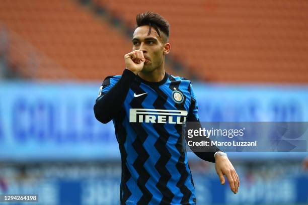 Lautaro Martinez of Inter Milan celebrates after scoring their team's first goal during the Serie A match between FC Internazionale and FC Crotone at...