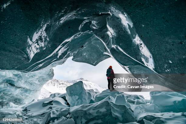 exploring jasper's ice caves near banff - columbia icefield stock pictures, royalty-free photos & images