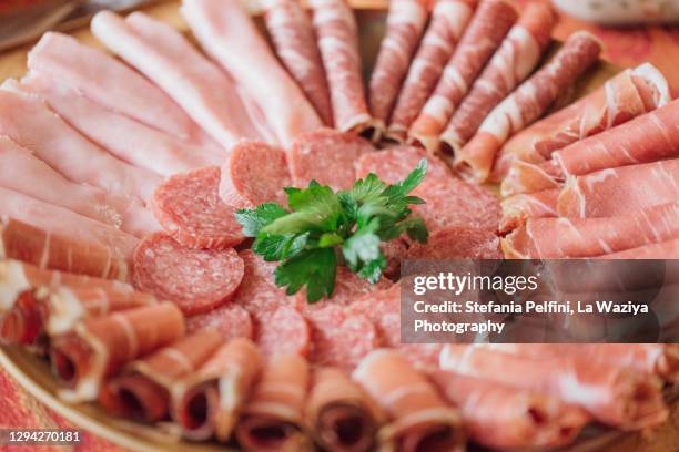 processed meats on platter - carne procesada fotografías e imágenes de stock