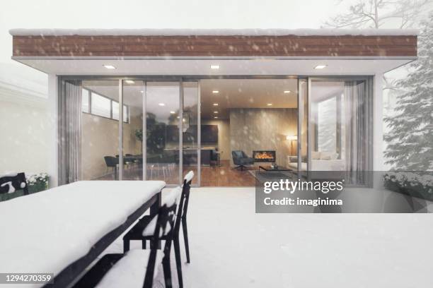 modern luxury home in the snow - french country cottage stock pictures, royalty-free photos & images
