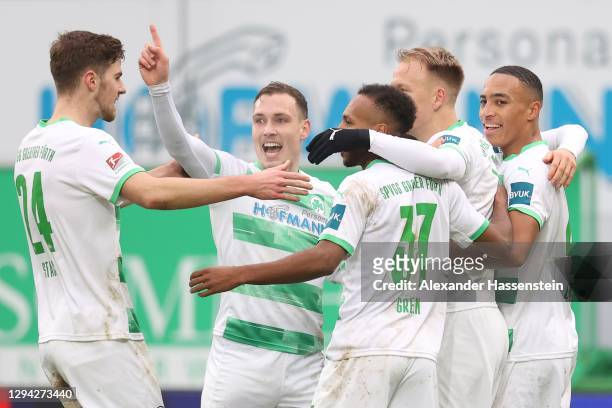 Players of Fürth celebrate the 2nd team goal during the Second Bundesliga match between SpVgg Greuther Fürth and FC St. Pauli at Sportpark Ronhof...