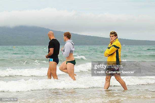 James O'Connor of the Wallabies looks on during an Australia IRB Rugby World Cup 2011 recovery session at Takapuna Beach on October 17, 2011 in...