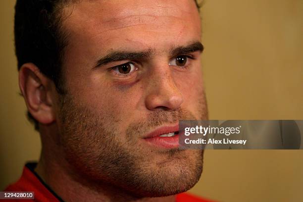 Centre Jamie Roberts speaks to the media during a Wales IRB RWC 2011 Press Conference at the Grand Hotel on October 17, 2011 in Auckland, New Zealand.