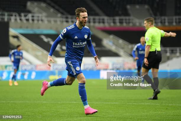 James Maddison of Leicester City celebrates after scoring their sides first goal during the Premier League match between Newcastle United and...