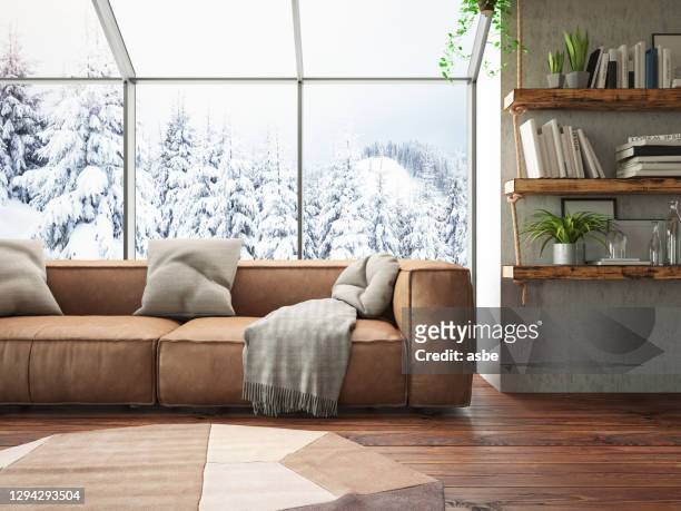 de woonkamer van het concept van de winter met het uitzicht van de sneeuw - living room window stockfoto's en -beelden