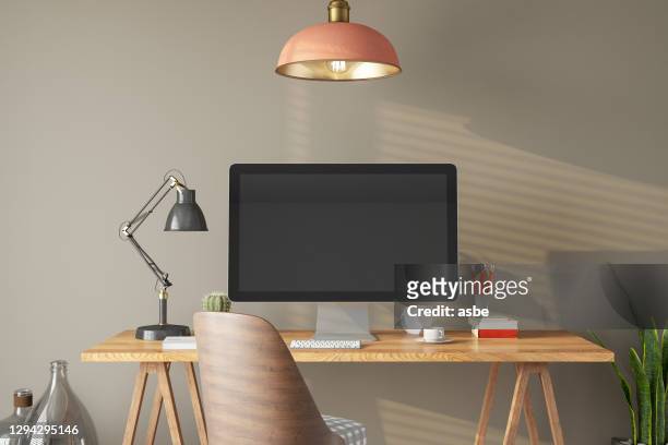 workspace with blank computer screen - desktop pc stock pictures, royalty-free photos & images