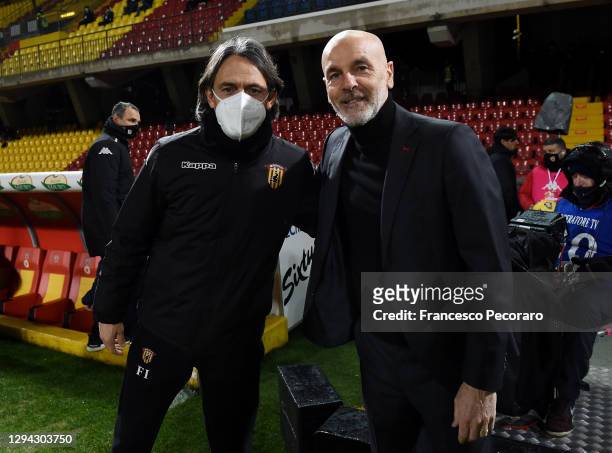 Filippo Inzaghi, head coach of Benevento poses for a photo with Stefano Pioli, manager of AC Milan ahead of the Serie A match between Benevento...