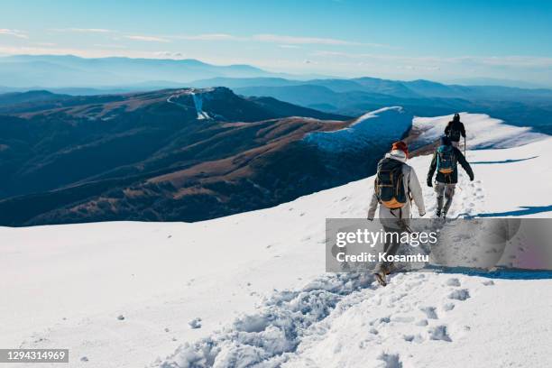 adventurous group of hikers conquering the high snow-capped mountain during windy day - snowshoe stock pictures, royalty-free photos & images