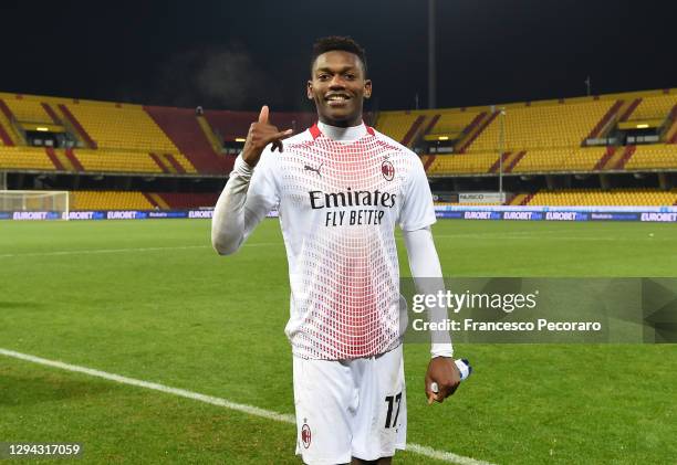 Rafael Leao of AC Milan reacts as he poses for a photo following the Serie A match between Benevento Calcio and AC Milan at Stadio Ciro Vigorito on...