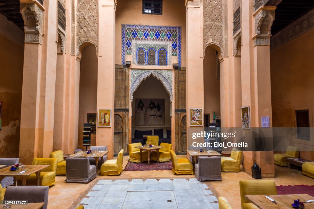 Interior for riad or inner courtyard in medina of Marrakesh, Morocco