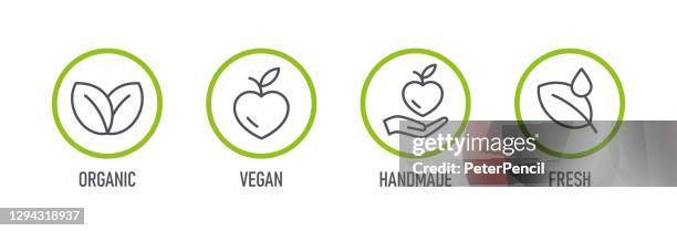 ilustraciones, imágenes clip art, dibujos animados e iconos de stock de productos naturales. conjunto de iconos de alimentos - orgánico, bio, vegano, hecho a mano, fresco. ilustración vectorial. - vegan food