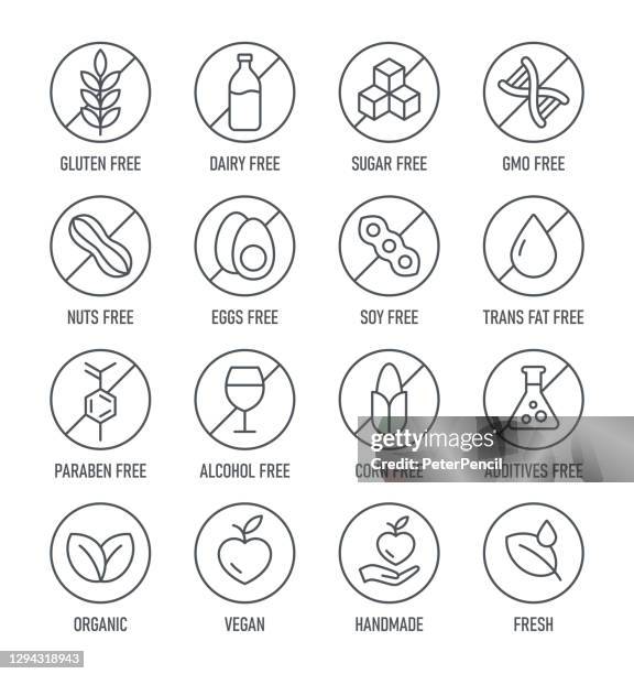 ilustrações de stock, clip art, desenhos animados e ícones de natural products. allergens. food intolerance. set of icons - dairy free, gluten free, sugar free, gmo free, nut free, paraben free. vector illustration. - ogm