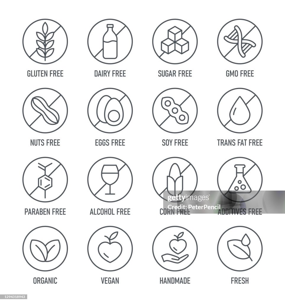 Natural Products. Allergens. Food Intolerance. Set of icons - Dairy Free, Gluten Free, Sugar Free, GMO Free, Nut Free, Paraben free. Vector illustration.