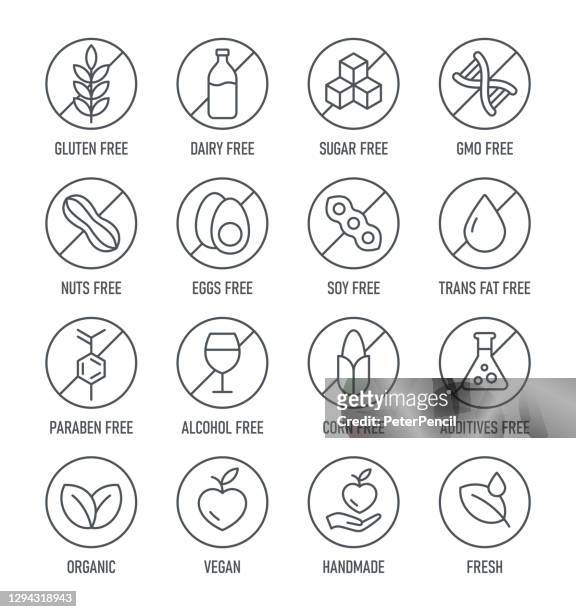 natural products. allergens. food intolerance. set of icons - dairy free, gluten free, sugar free, gmo free, nut free, paraben free. vector illustration. - organic stock illustrations