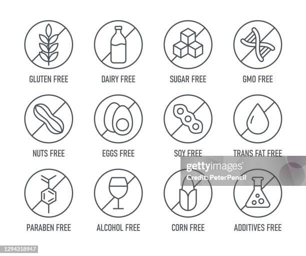 stockillustraties, clipart, cartoons en iconen met natuurlijke producten. allergenen. voedselintolerantie. set van pictogrammen - zuivelvrij, glutenvrij, suikervrij, ggo gratis, nut free, paraben gratis. vectorillustratie. - allergie